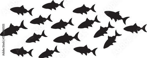 Black shark silhouettes swimming in a school fish white