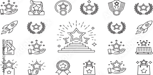 Award icons, success symbols, achievement graphics, excellence vector, outline icons, line art, thin line, trophy icon, star award, winner icon, first place, medal icon, ribbon icon, certificate icon,