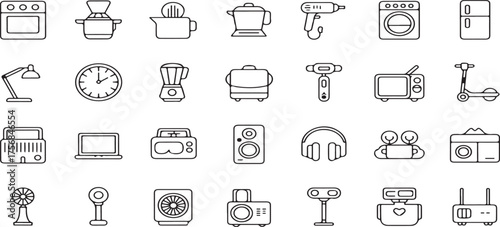 Home appliance icons, kitchen gadgets, electronics symbols, household equipment, outline vectors, line art, thin line icons, oven icon, coffee pot, toaster, electric kettle, hair dryer, washing machin