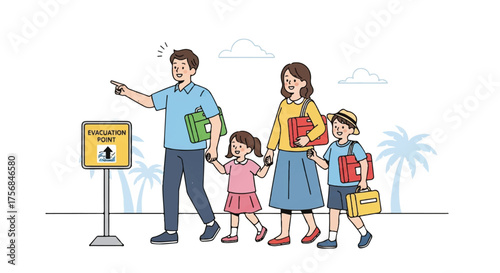 Family Following Evacuation Point Signpost During Emergency Situation