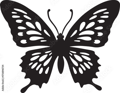 Black silhouette of a butterfly with detailed wing patterns