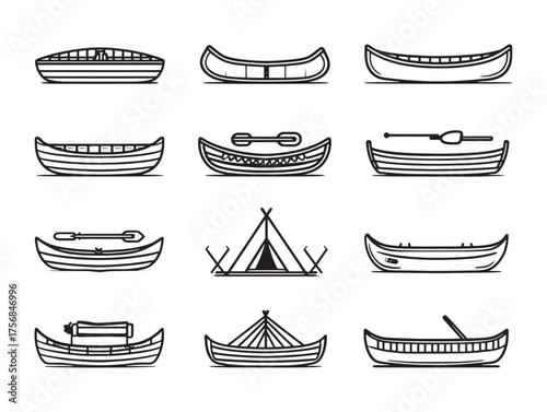 Canoe line art drifting through quiet landscapes