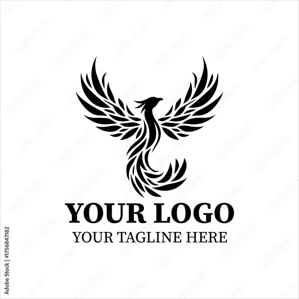 Obraz premium Elegant Phoenix Logo Vector – Minimalist Black Silhouette of Mythical Bird Rising from Flames, Flat 2D Design for Branding, Rebirth, and Luxury Concepts.