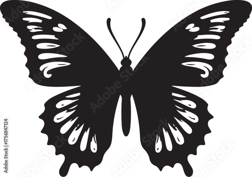 Black silhouette of a butterfly with white wing patterns