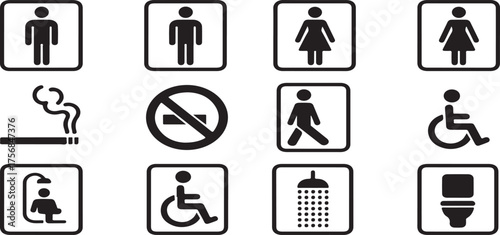 sign, pictogram, public, facility, restroom, bathroom, toilet, men, women, gender, accessible, accessibility, disabled, wheelchair, smoking, no smoking, prohibition, walking vector illustration icon 