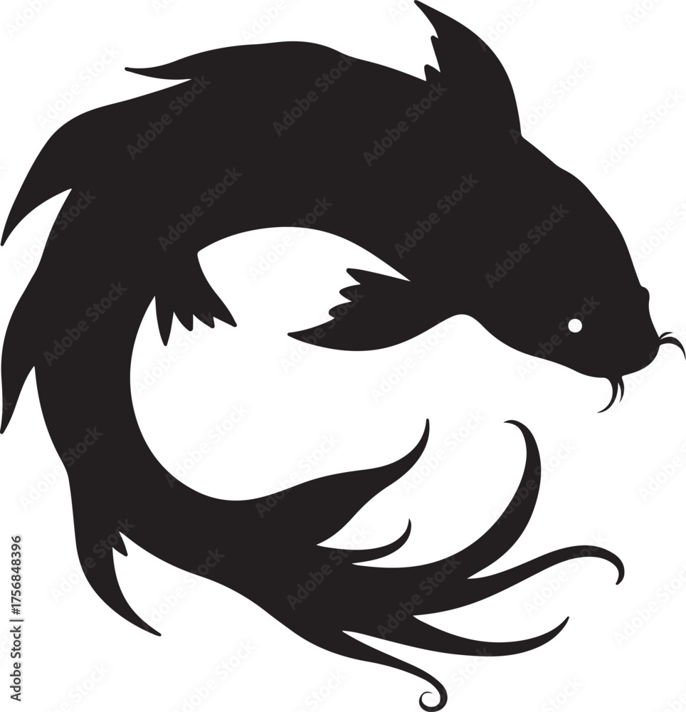 Naklejka premium Black silhouette of a koi fish swimming in a circular motion