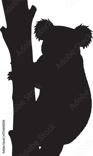 Black silhouette of a koala clinging to a tree trunk