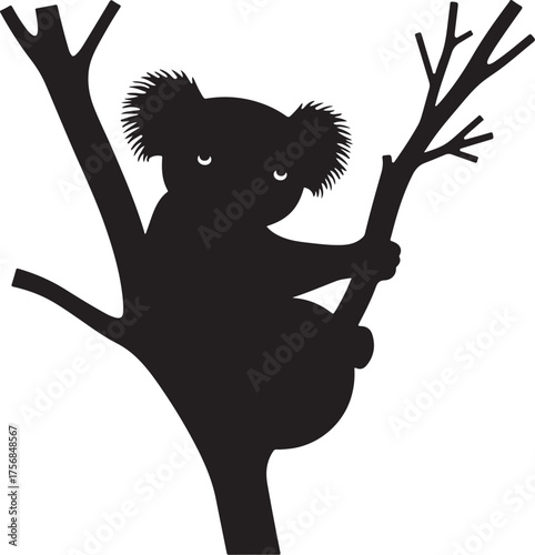 Black silhouette of a koala clinging to a tree branch