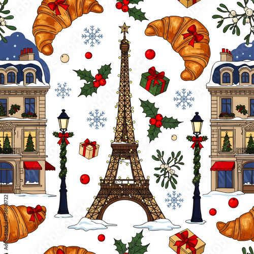 Festive Parisian scene featuring the Eiffel Tower, croissants, and holiday decorations.