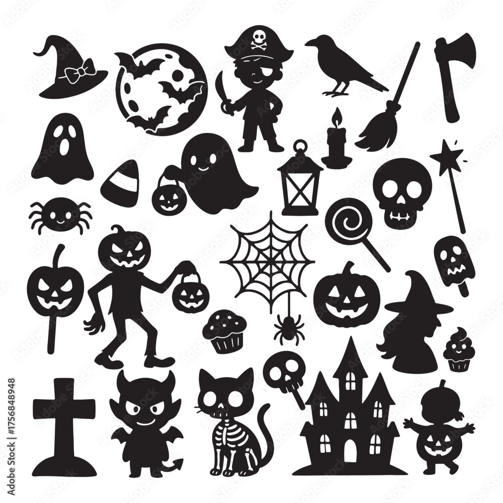 Fototapeta premium Collection of halloween silhouettes featuring spooky icons and characters for festive decorations
