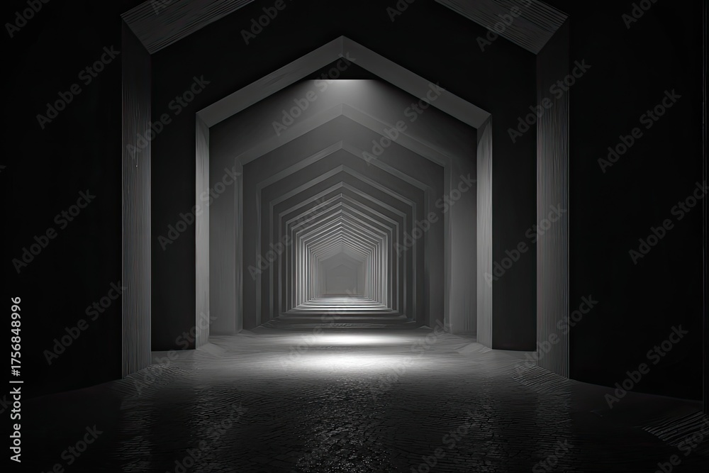 Fototapeta premium Dark, symmetrical corridor with arched openings, leading towards a bright, distant light source