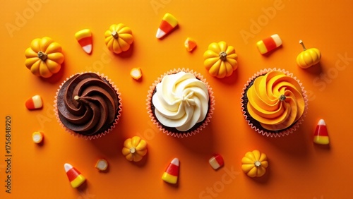 Festive Halloween Cupcakes With Pumpkins And Candy