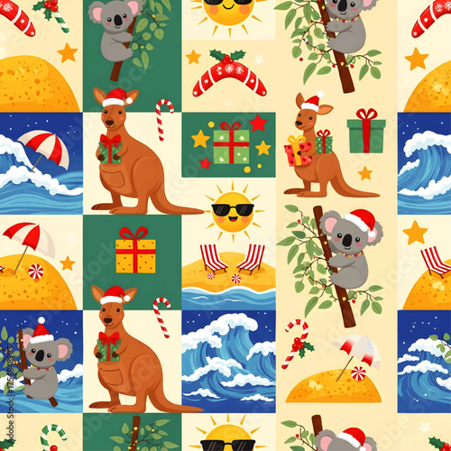 Seamless pattern featuring Australian animals like kangaroos and koalas wearing Santa hats, combined with beach scenes and Christmas gifts.