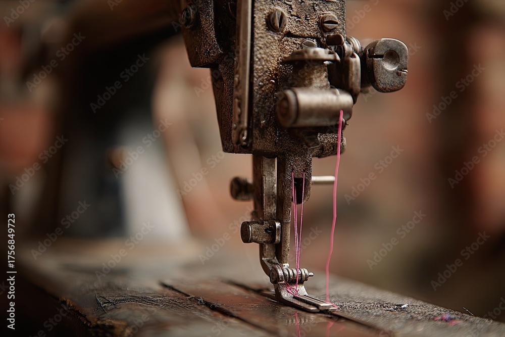 Fototapeta premium Close-up of an antique, well-worn sewing machine with pink thread, against a brick backdrop