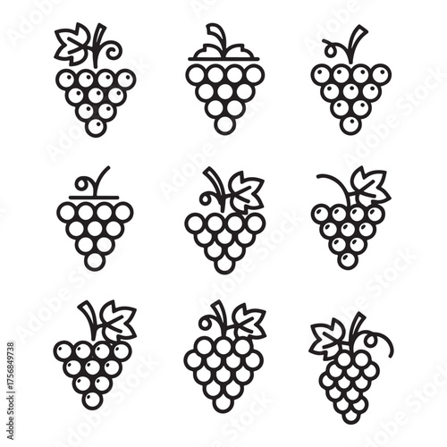 Collection of nine simple line art icons representing bunches of grapes with leaves