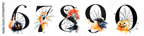 Halloween numbers with watercolor illustrations