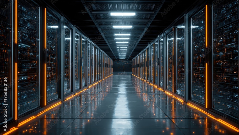 Obraz premium Long, perspective view down a data center corridor lined with server racks, illuminated orange