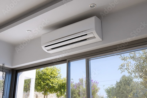 Interior shot featuring a modern, rectangular air conditioning unit mounted on a white ceiling