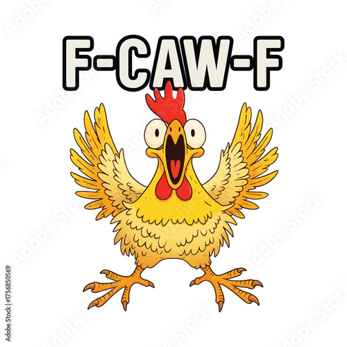 Funny cartoon chicken with wings spread wide making a loud squawking noise