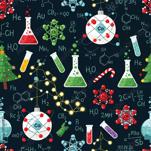 Festive illustration featuring chemistry elements, beakers, Christmas ornaments, and a tree on a dark background.