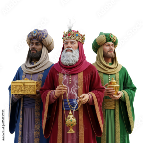 Three Wise Men present gifts of gold, frankincense, and myrrh on a white background during the Nativity scene