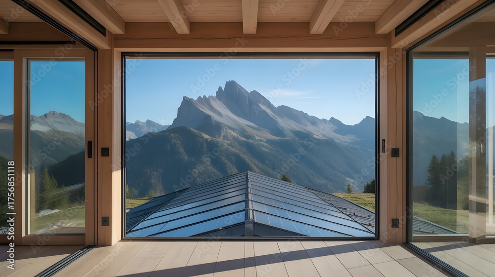 Fototapeta premium Stunning mountain view from a modern house with sliding doors