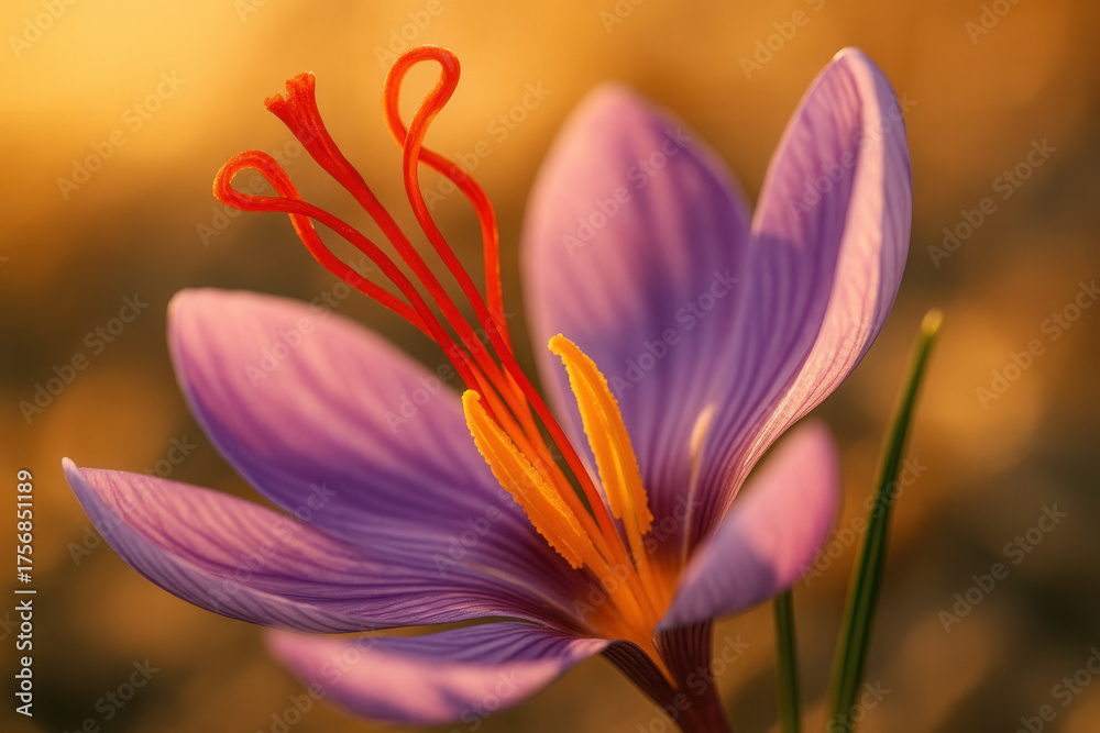 Fototapeta premium Vibrant Purple Saffron Crocus Bloom with Red Stigmas and Yellow Pistil on Golden Sunset Backdrop
