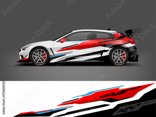 Red and white sport livery car wrap with sharp geometric streaks and aerodynamic flow. Delivered as editable vector EPS 10