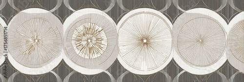 Repeating pattern of circles and lines, with alternating gray and cream colors forming an abstract design