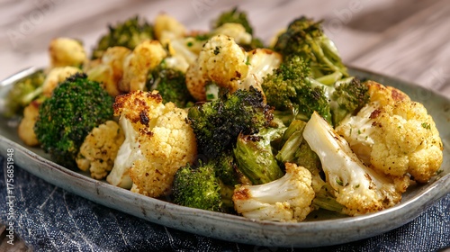 Roasted cauliflower and broccoli on a serving plate