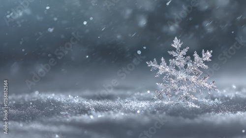 Close-up of a beautiful snowflake resting on pristine white snow, showcasing intricate ice crystal patterns and delicate frost details in a winter wonderland scene, perfect for seasonal backgrounds an