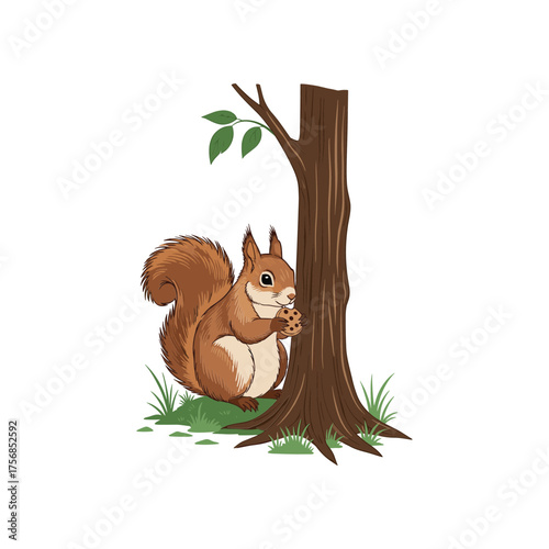 Charming cartoon squirrel peeking around a tree trunk with green leaves and grass for forest whimsical nature theme vector