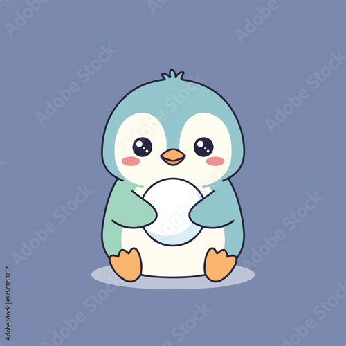 A charming cartoon-style illustration of a cute penguin with big, shiny eyes, rosy cheeks, and a teal body, set against a cool blue background.