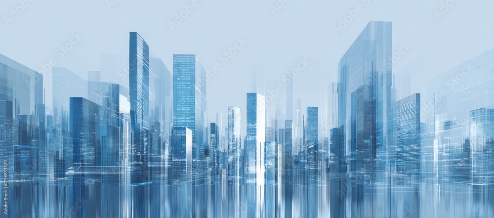 Fototapeta premium Abstract architectural cityscape rendered in cool blue tones. Skyscrapers and reflections evoke modern urban design