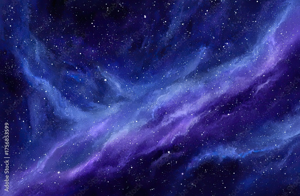 Obraz premium A painterly depiction of a deep space vista with nebulas and stars in vibrant shades of purple and blue