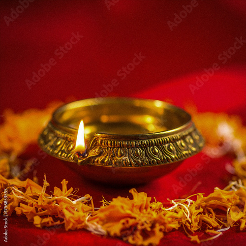 Traditional Indian Oil Lamp Lit for Diwali and Dhanteras Celebrations