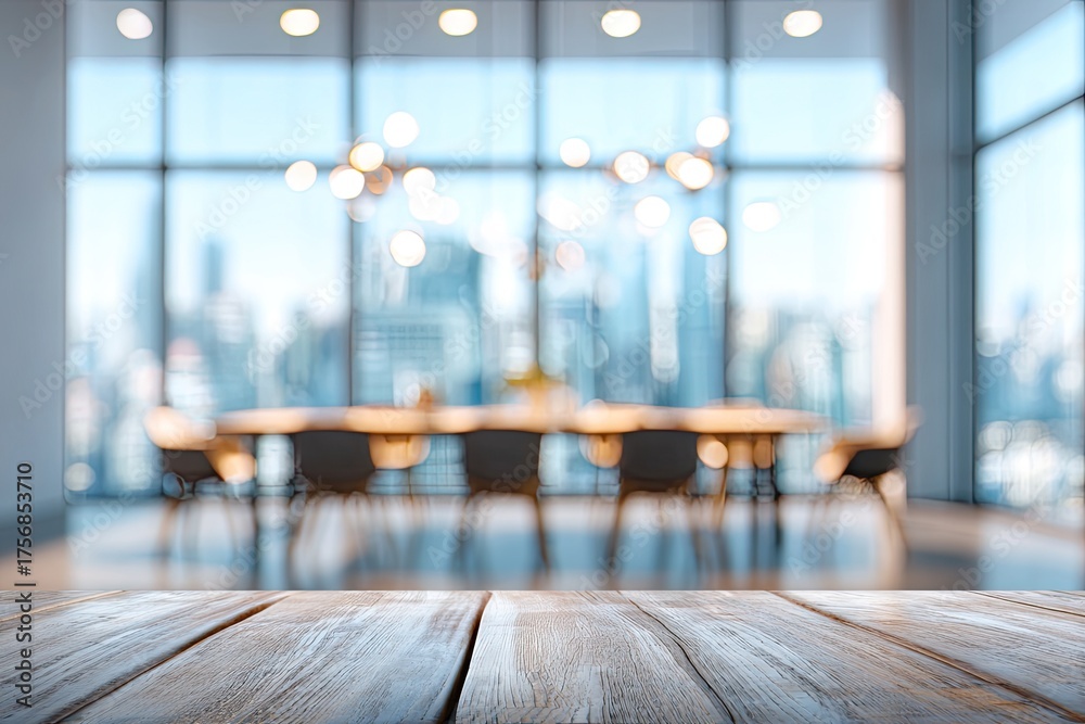 Obraz premium Blurred view of a spacious, modern room, with a long table and city skyline