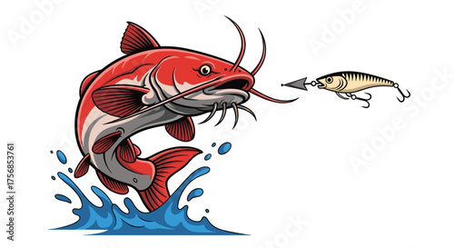 A bright red catfish leaps out of blue water to bite a fishing lure.