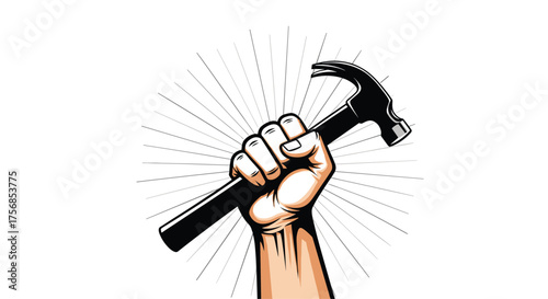 A powerful fist holding a hammer in a triumphant pose.
