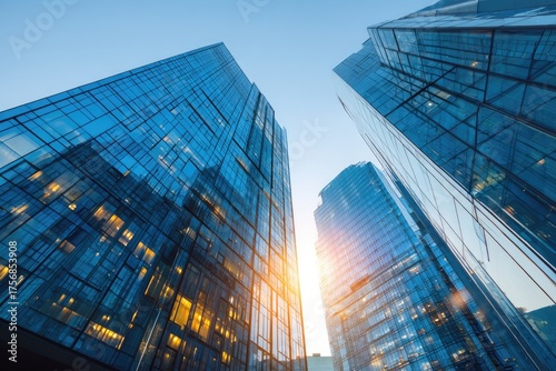 Perspective view looking upwards at tall, modern glass skyscrapers, illuminated by sunlight