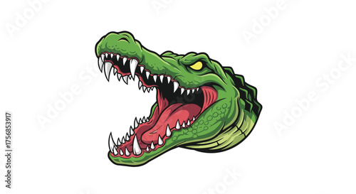 A ferocious green alligator with its mouth open wide showing sharp teeth and a red tongue.