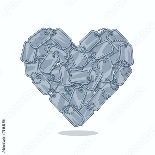 Symbolic heart crafted from numerous metallic military dog tags, representing honor, remembrance, and the unwavering spirit of service
