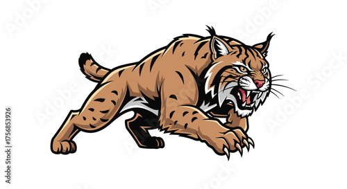 A fierce bobcat with sharp teeth and claws is depicted in a dynamic pose.