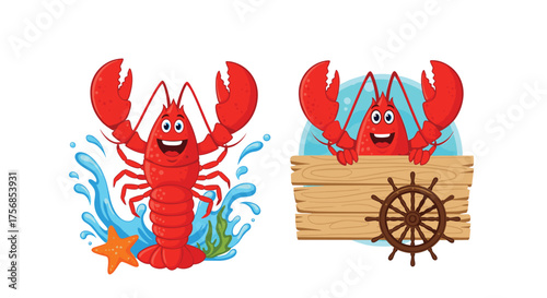A happy cartoon lobster enjoys the ocean with water splashes and sea elements.