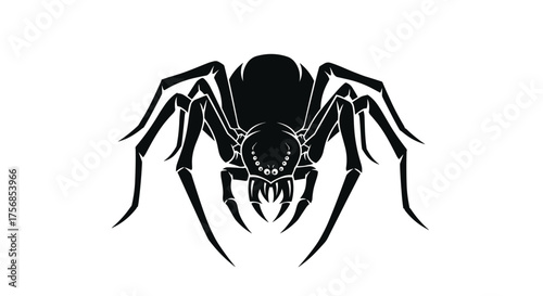 A detailed black silhouette of a spider with many legs and fangs.