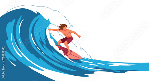 A surfer rides a large ocean wave on a sunny day.