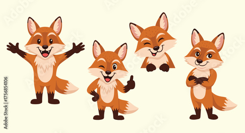 Four adorable cartoon foxes in different playful poses and expressions.