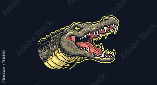 A close up pixel art illustration of a ferocious alligator with its mouth wide open.