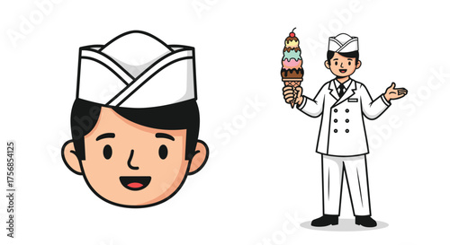 A friendly ice cream vendor holding a tall colorful ice cream cone in a white uniform.