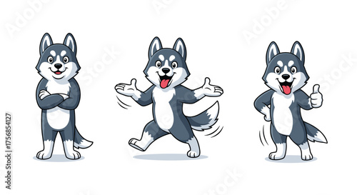 Cute cartoon husky dogs in different playful poses showing happy emotions and actions.